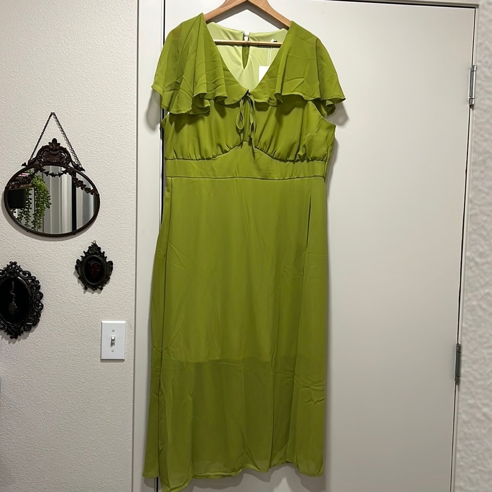 Solid Ruffle Trim Pocket Empire Waist Knot Cape Detail Dress